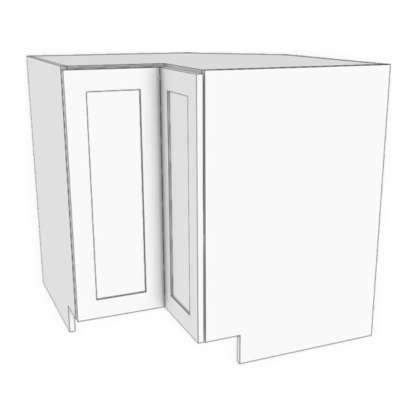 Base corner cabinet with bifold door. 36" wide with 23 5/8" sides, 34 3/4" high. Super Susan turntables attached to fixed bottom shelf and middle adjustable shelf.