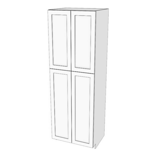 Tall cabinet with four doors: 22" to 36" wide, 90" high, 23 5/8" deep. Designed to install beside fridge: Top door height matches door height above fridge. Fixed shelf where doors meet. 6 adjustable shelves.